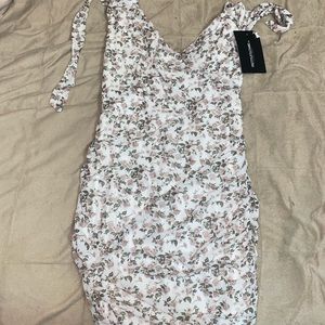 White Floral Print Mesh Ruched Tie Shoulder Bodycon Dress
